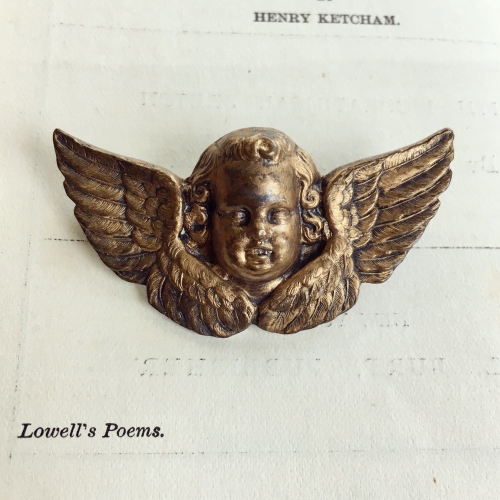 Antique Victorian Gilded Angel Cherub Brooch